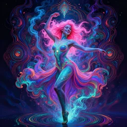 psychedelic [ chemiluminescence ] [ [ [ smiling ] ] ] dancing elegant gorgeous woman chakra spirit, swapped channel, with pink hair smoke and fluid dynamics, colorful, psychedelic, lsd, ornate, intricate, digital painting, concept art, smooth, sharp focus, illustration, blacklight reacting, art by artgerm and greg rutkowski