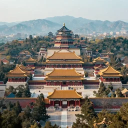 a majestic chinese palaces complex are scattered among the mountains, dreamy, fairy tale, expansive view, ultra wide angle, ultra - hd, super - resolution, massive scale, by greg rutkowski and thomas kindade, trending on artstation.