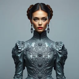 portrait of beautiful female super model, perfect symmetrical pose, sharp, by irakli nadar with intricate detailed wearing silver victorian dress designed by alexander mcqueen and rocky gathercole, beautiful smooth skin tone, haunting, elite, elegant, ruan jia, dark, hyper detailed, concept art, intricate, detailed