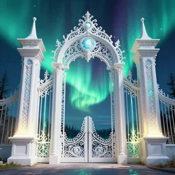 a very detailed concept art of intricate and well designed white gates to aurora borealis infused with magic by greg rutkowski, dynamic lighting trending on artstation, symmetry, digital art, 4 k, hyper realistic, octane render, sharp focus