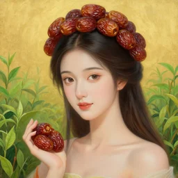 epic painting, full figure portrait of beautiful goddess with with sweet dried dates fruits, medjool dates, dried dates crown,, green tea leaves background, golden glow background, drawing, photography by amy leibowitz, wlop, jeremy lipkin, beeple, intricate golden fractals, team leaves flying in the sky, symmetrical front portrait, artgerm