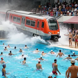 a perfect photograph of a train crashing through a crowded swimming pool. sponsored by nike