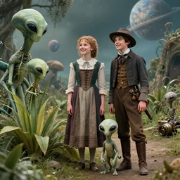 detailed, sharp, a girl and a boy standing next to some alien plants, looking happy, wearing 1850s era clothes, their small pet alien creature is standing nearby, in a park on an alien planet, steampunk, extremely highly detailed, hyperrealistic, in focus faces, 70 mm still from a period sci fi movie, 8k, HD, good lighting