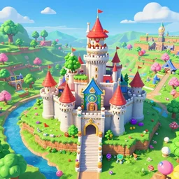 3D Mario 64 castle aerial view in the spring, 4k