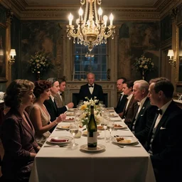 a cyberpunk downton abbey, interior shot, dinner party by paul lehr
