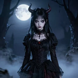 full shot portrait of angry darkness Clara Morgane as a cute anime girl at moonlight, gothic wearing, inspired by Tim Burton, Norihiro Yagi, Marc Simonetti, Amano, detailed, unreal engine 4k volumetric light, fog,