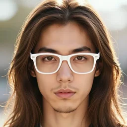 highly detailed vfx portrait of a brown long hair centre parting pretty boy with brown eyes and white glasses and short goatee by hidari, wenjun lin, alphonse mucha, sakimichan, sharp focus, art by artgerm and greg rutkowski!, backlit, harsh overhead sunlight,