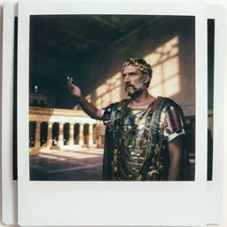 polaroid of a ancient roman Caesar speaking before the senate candid shots by Tarkovsky