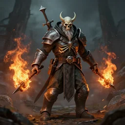 skeleton warlock as a military soldier, fantasy, fire, old man,