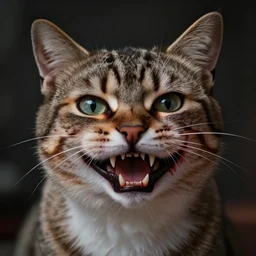 a creepy cat with a big smiley mouth, sharp teeth, and blood on his face.