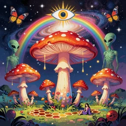 psychedelic mushrooms, enchanted alien world, mushrooms on the ground, aliens, galaxy in the sky, butterflies, occult, illuminati, third eye, rainbows, bright colors, psychedelic, vector art, honeycomb, dripping, fantasy poster by helen huang and frank frazetta and salvador dali and norman rockwell, anime style