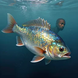 kanye - west dressed like a fish, with shimmering scales as skin, swimming underwater!!!, intricate, extremely detailed, digital painting, artstation, concept art, smooth, sharp focus, illustration, ambient lighting, art by artgerm and greg rutkowski and alphonse mucha