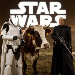 a cow interrupts star wars episode 4, movie still, highly detailed,