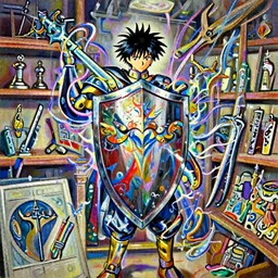 classical oil painting of anime environment concept art featuring a shield enchanted with energy, weapon shop interior, legendary item, shelf, fantasy, trending on artstation, stylistic, brush strokes, oil, canvas, by kawacy and makoto shinkai