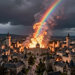 rainbow fire destroying a medieval city