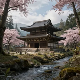 a ancient japanese temple in the middle of a forest mear a small river, extremely highly detailed, high quality, 8K HDR, octane render, unreal engine 5, hyperrealistic, concept art, trending on Artstation, fancy lighting, cinematic, high coherence, path tracing, ruins, clouds in the sky, singular building, centered, sakura trees