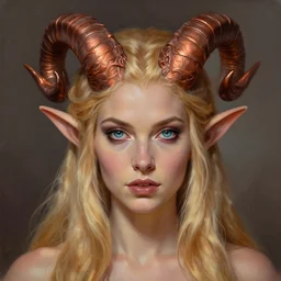 A head-on, symmetrical detailed oil portrait of a beautiful elf woman with curly copper horns, long blonde hairs and bright irises, by greg rutkowski, trending on artstation, dungeon and dragons art