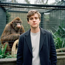 portrait of young man vivian stanshall visiting the ape cage at the london zoo