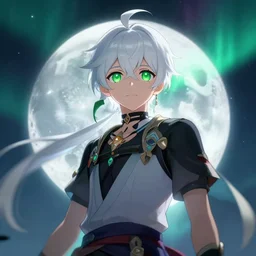 white haired young guy with green eyes on the moon, aurora, stunning anime portrait, high symmetry, octane engine, makoto shinkai, genshin impact, art, long shot, light blur