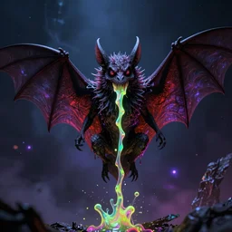 sinister vampire bat drooling neon toxic ooze, photorealistic, highly detailed, cosmic horror