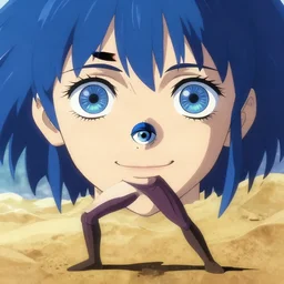 artgerm, loish, makoto shinkai, eye of horus under right eye, death from sandman comic eye of horus painted under right eye, fantasy setting, smile, symmetrical eyes, blue hair, symmetrical face, full body action pose