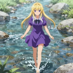 advanced digital anime art, WLOP , a gorgeous high school girl with long gold and silver hair wearing a violet dress and bare feet walking through a crystal clear river, DOF, Gaussian Blur,