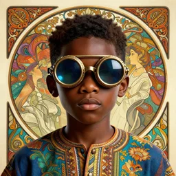 colourful vfx upper half - portrait - art of a nigerian boy wearing steam punk goggles, art by utagawa kunisada, james jean & alphonse mucha, symmetrical, intricate detail, concept art, volumetric light, ray tracing, caricature, digital illustration, octane 3 d render, unreal engine, sharp, pinterest, behance, art station,