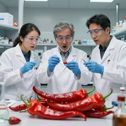 three scientists, laboratory, breakthrough, eureka, musical instrument, spicy, chilli pepper, hot, muy caliente, insanely detailed and realistic, hyperreal, exciting, discovery