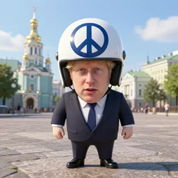 boris johnson with peace symbol helmet on, in kyiv, realistic, wide shot, sunny lighting, octane render, gq magazine, hyper realistic, high quality, highly detailed, hd, beautiful, cinematic, 8 k, unreal engine, facial accuracy,
