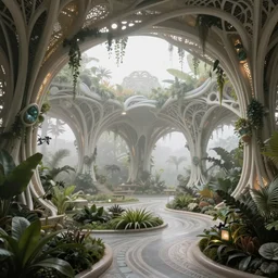 a photo of a futuristic biomimicry oasis interior + the interior is elegant and made of a biomimicry nature with ornate patterns + photo taken on a misty morning + architectural photography, 8K, photorealistic