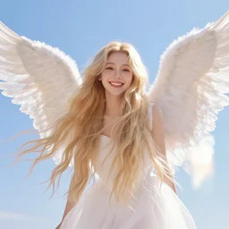 long shot of a young woman with long blond hair and beautiful full flowing angel wings smiling at the camera, joyful, lively, digital art, highly detailed