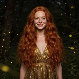 a happy a young woman, among the lights of golden fireflies and nature, long loose red hair, intricate details, bright green eyes, freckles on the nose, round gentle face, full body portrait, sophisticated dress, golden ratio, high contrast, photorealistic digital art by artemisia lomi gentileschi and caravaggio and tomacz alen kopera.