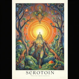 serotonin sunrise depicts a psychedelic visionary experience of the dissolution and merging of one's egocentric self - identity into that of a transcendental eco - centric visionscape, psychedelic art poster by gustave dore