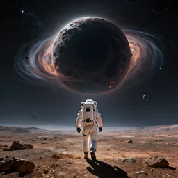 a astronaut walking on a alien planet and looking to the absurdly giant black hole in the sky, digital art, concept art, trending on DeviantArt, trending on Artstation, high quality, 8K HDR, octane render, unreal engine 5, path tracing, breathtaking landscape, dramatic lighting, cinematic, highly detailed