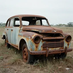A long shot photograph of a rusty, worn out, broken down, decrepit, run down, dingy, faded, chipped paint, tattered, beater 1976 Denim Blue Dodge Aspen in a farm field, photo taken in 1990