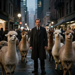 a picture of 1 9 4 0's noire in the streets of chicago at night, populated by llamas, detailed unblurred, 4 k render digital painting