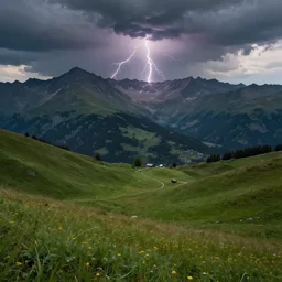 realistic view from a mountaintop, high mountains, green meadow, alps, pyranees, digital painting, wallpaper, realistic lightning