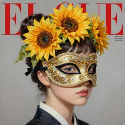 masquerade ball mask, korean audrey hepburn, vogue magazine, elle magazine, greg rutkowski, john singer sargent, trending on artstation, anime, oil painting, side profile portrait, looking right, sunflower crown, intricate