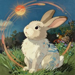 a bunny rabbit looking up, by studio ghibli painting, by Joaquin Sorolla rhads Leyendecker, An aesthetically pleasing, dynamic, energetic, lively, well-designed digital art of a bunny rabbit looking up, overlaid with aizome patterns, by Ohara Koson and Thomas Kinkade, traditional Japanese colors, superior quality, masterpiece