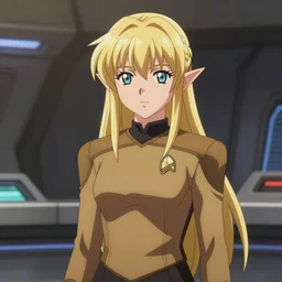 4K anime video of young attractive high-fantasy elf (blond) in a Starfleet uniform in Star Trek, scene where she is on Deep Space Nine, soft light, cinematic lighting, sharp, by Fate/Stay Night Unlimited Blade Works
