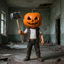 pumpkin head man holding a sledgehammer stands inside an abandoned asylum, beksinski