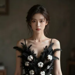 hight focus of a wonderful realistic focused sweet wonderful symmetrical mid portrait of a lonely very beautiful lady, with a cotton dress ornate by a realistic black plumes, image in center, dramatic light, octane render - 8 k