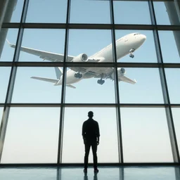 man looking at giant glass windows, huge airplane flying above the glass windows