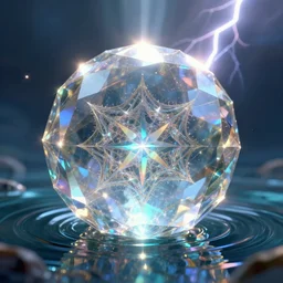 a magical and exquisite fantasy illustration of a faceted crystal ball fractal in water + prism + god rays + dramatic lightning + backlit + specular highlights + ambient occlusion + global illumination + bump map + reflective + caustics + refractive + unreal engine 5 + DOF + sharp focus, digital artwork by Dan Mumford and Peter Mohrbacher and Ash Thorp