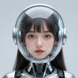 a cyborg girl with a shiny spherical reflective glass helmet, looking straight at the camera. close-up, 20mm wide-angle, monochrome, high contrast, lit by two big softboxes