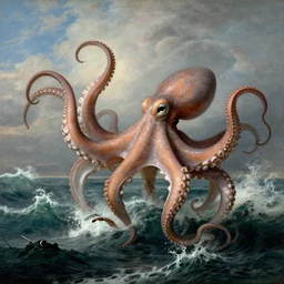 giant octopus with gigantic tentacles squeezing a frigate and dancing above the waves of an angry ocean, by jmw turner