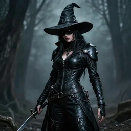 ash maker, black leather, cyberpunk witch hunter, mysterious photo realism, style of roger fenton, flash photo