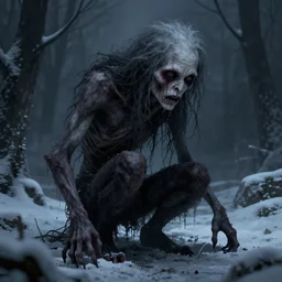 detailed digital art of a pale, scrawny wendigo; until dawn; snow; dark, horrifying