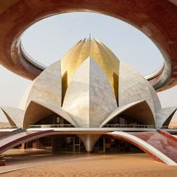 interior balcony of a futuristic lotus temple with gold, red and white marble panels, in the desert, by buckminster fuller and syd mead, intricate contemporary architecture, photo journalism, photography, cinematic, national geographic photoshoot