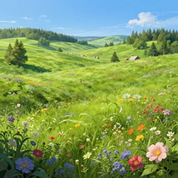 midsummer in sweden, lush green fields, blue sky, summer, colorful flowers, illustration, epic, fantasy, intricate, hyper detailed, artstation, concept art, smooth, sharp focus, ray tracing, vibrant, photorealistic, makovsky, nikolay